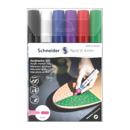 Schneider Pen Paint-It 320 Acrylic Markers, 4 mm Bullet Tip, Wallet, 6 Assorted Ink Colors 120295